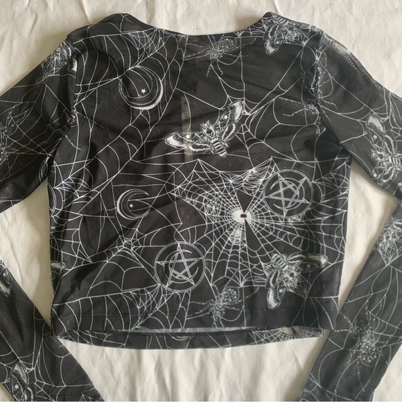 ASOS Top Black Sheer Cropped Long Sleeve Spider Web Moth Print Gothic Trad Goth - Picture 7 of 14